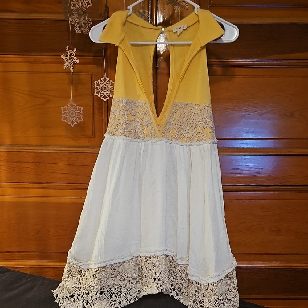NWOT POL Yellow, Cream& Latte Crochet Knit Tunic Dress Top